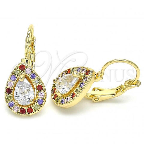 Oro Laminado Leverback Earring, Gold Filled Style Teardrop Design, with Multicolor Cubic Zirconia, Polished, Golden Finish, 02.210.0224.1