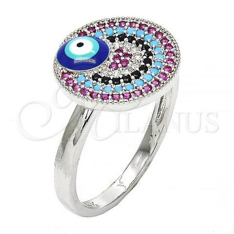 Rhodium Plated Multi Stone Ring, Evil Eye Design, with Multicolor Micro Pave, Blue Enamel Finish, Rhodium Finish, 01.60.0005.1.08 (Size 8)