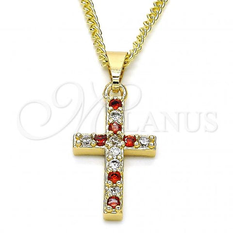 Oro Laminado Pendant Necklace, Gold Filled Style Cross Design, with Garnet and White Cubic Zirconia, Polished, Golden Finish, 04.284.0007.1.22