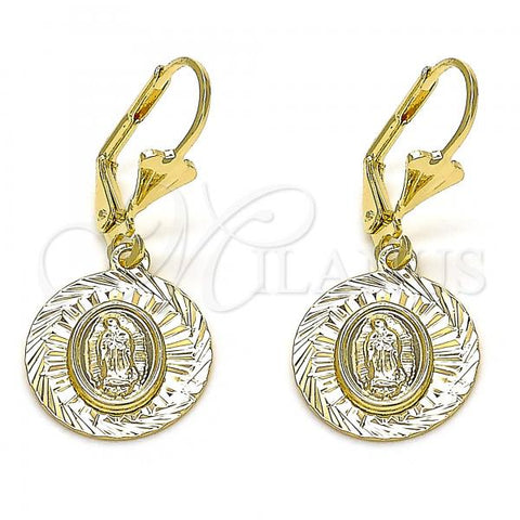 Oro Laminado Dangle Earring, Gold Filled Style Guadalupe Design, Diamond Cutting Finish, Golden Finish, 02.351.0065