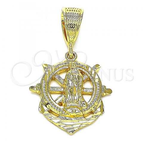 Oro Laminado Religious Pendant, Gold Filled Style Guadalupe and Anchor Design, Diamond Cutting Finish, Golden Finish, 5.187.017