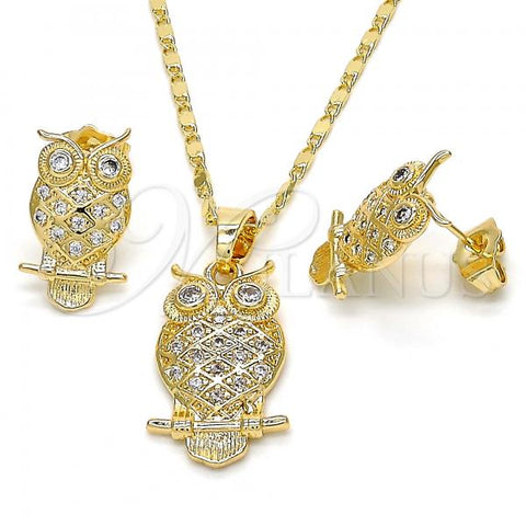 Oro Laminado Earring and Pendant Adult Set, Gold Filled Style Owl Design, with White Cubic Zirconia, Polished, Golden Finish, 10.316.0021