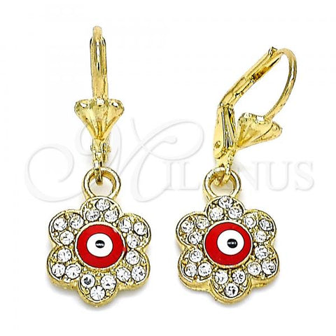 Oro Laminado Dangle Earring, Gold Filled Style Evil Eye and Flower Design, with White Crystal, Red Enamel Finish, Golden Finish, 02.380.0083