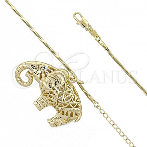 Oro Laminado Pendant Necklace, Gold Filled Style Elephant Design, with White Crystal, Polished, Golden Finish, 04.63.0205
