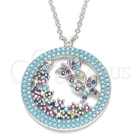Sterling Silver Pendant Necklace, Butterfly Design, with Aqua Blue Cubic Zirconia and Multicolor Micro Pave, Polished, Rhodium Finish, 04.336.0219.1.16