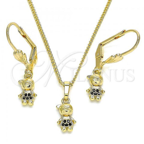 Oro Laminado Earring and Pendant Adult Set, Gold Filled Style Little Boy Design, with Black Micro Pave, Polished, Golden Finish, 10.316.0057.2