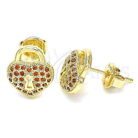Oro Laminado Stud Earring, Gold Filled Style Lock and Heart Design, with Garnet Micro Pave, Polished, Golden Finish, 02.156.0441.2