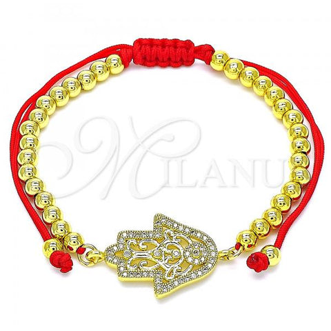 Oro Laminado Adjustable Bolo Bracelet, Gold Filled Style Hand of God and Ball Design, with White Micro Pave, Polished, Golden Finish, 03.381.0008.11