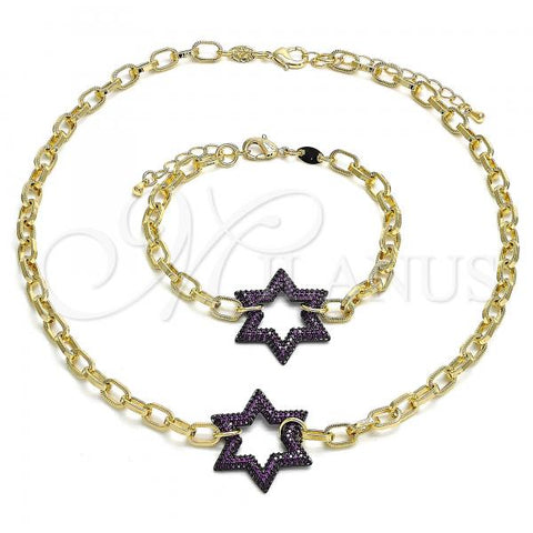 Oro Laminado Necklace and Bracelet, Gold Filled Style Paperclip and Star of David Design, with Ruby Micro Pave, Polished, Black Rhodium Finish, 06.341.0003.2