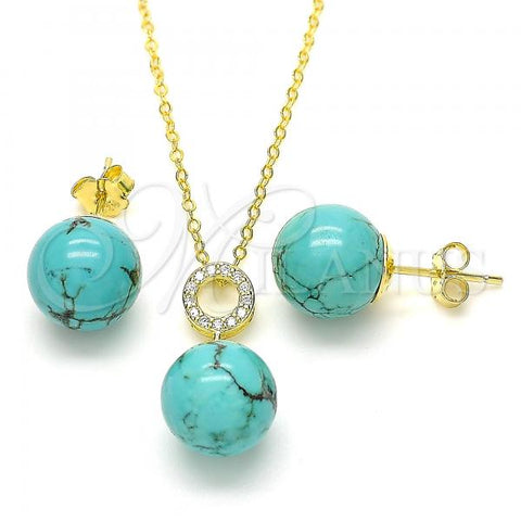 Sterling Silver Earring and Pendant Adult Set, Ball Design, with White Cubic Zirconia, Polished, Golden Finish, 10.63.0598