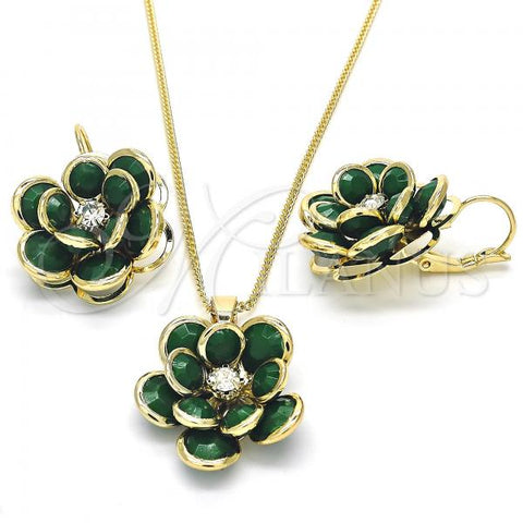 Oro Laminado Earring and Pendant Adult Set, Gold Filled Style Flower Design, with Green and White Crystal, Polished, Golden Finish, 10.64.0158.3