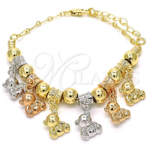 Oro Laminado Charm Bracelet, Gold Filled Style Teddy Bear Design, Polished, Tricolor, 03.63.1905.1.08