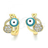 Oro Laminado Huggie Hoop, Gold Filled Style Evil Eye and Fish Design, with White Cubic Zirconia, Green Enamel Finish, Golden Finish, 02.213.0189.1.12