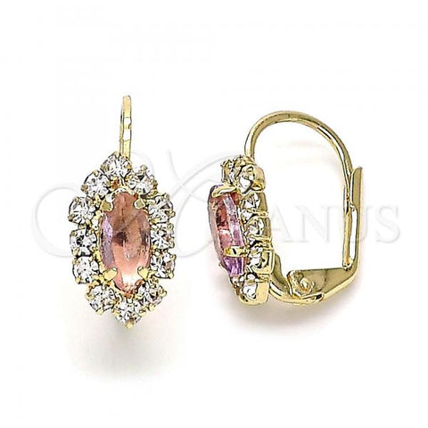 Oro Laminado Leverback Earring, Gold Filled Style Leaf Design, with Rose and White Crystal, Polished, Golden Finish, 02.122.0082.8