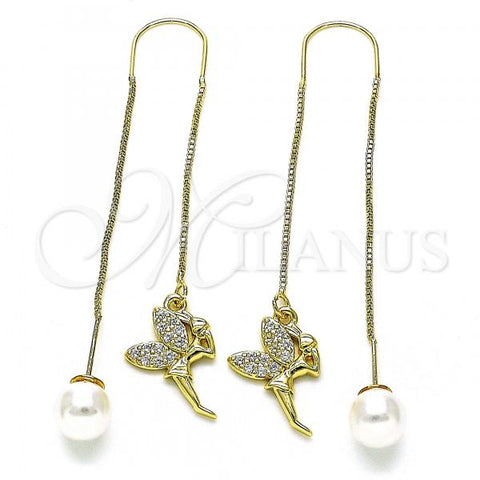 Oro Laminado Threader Earring, Gold Filled Style Angel Design, with White Micro Pave, Polished, Golden Finish, 02.210.0810