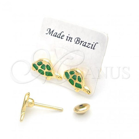 Oro Laminado Stud Earring, Gold Filled Style Turtle Design, Green Enamel Finish, Golden Finish, 02.02.0505