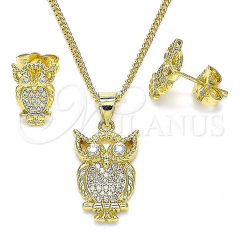 Oro Laminado Earring and Pendant Adult Set, Gold Filled Style Owl Design, with White Micro Pave, Polished, Golden Finish, 10.156.0340