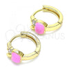 Oro Laminado Huggie Hoop, Gold Filled Style Apple Design, with White Cubic Zirconia, Pink Enamel Finish, Golden Finish, 02.210.0494.1.15