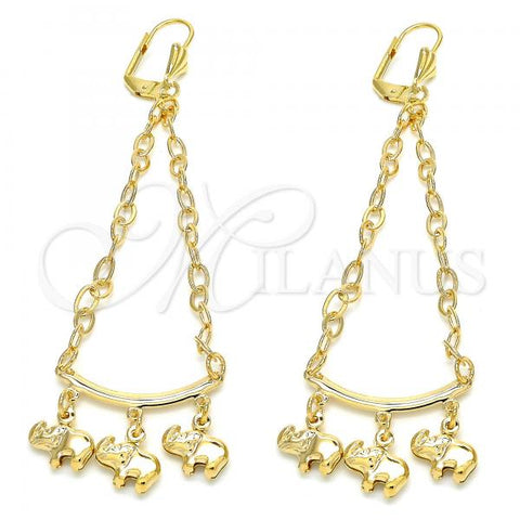 Oro Laminado Long Earring, Gold Filled Style Elephant and Rolo Design, with   and  Swarovski Crystals, Polished, Golden Finish, 02.32.0549