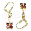 Oro Laminado Long Earring, Gold Filled Style Flower Design, with Garnet and White Cubic Zirconia, Polished, Golden Finish, 02.213.0345