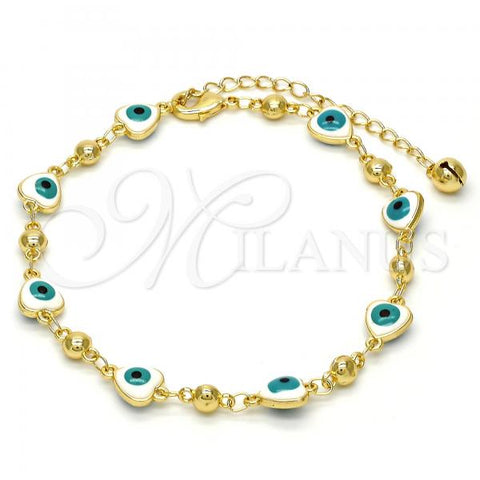 Gold Tone Fancy Anklet, Evil Eye and Heart Design, White Enamel Finish, Golden Finish, 03.213.0037.10.GT
