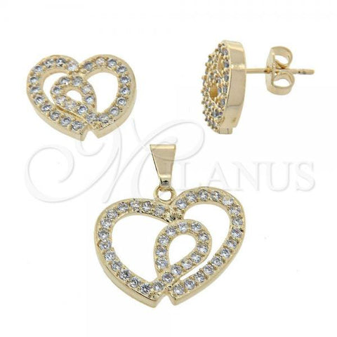 Oro Laminado Earring and Pendant Adult Set, Gold Filled Style Heart Design, with White Cubic Zirconia, Polished, Golden Finish, 10.155.0003