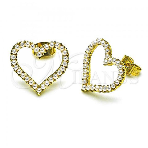 Oro Laminado Stud Earring, Gold Filled Style Heart Design, with Ivory Pearl, Polished, Golden Finish, 02.379.0032