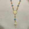 Oro Laminado Medium Rosary, Gold Filled Style Virgen Maria and Crucifix Design, Light Blue Enamel Finish, Golden Finish, 09.213.0015.18