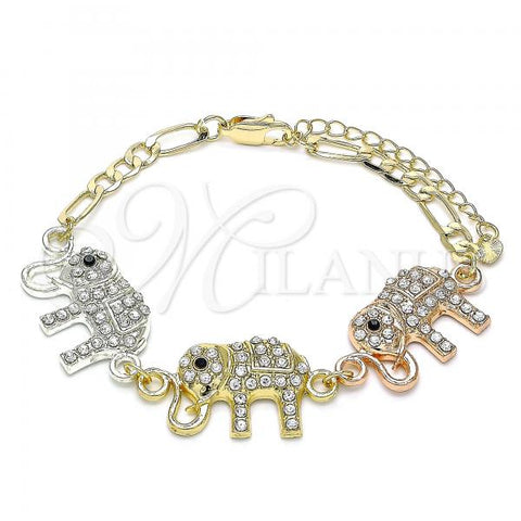 Oro Laminado Fancy Bracelet, Gold Filled Style Elephant Design, with White and Black Crystal, Polished, Tricolor, 03.380.0129.07