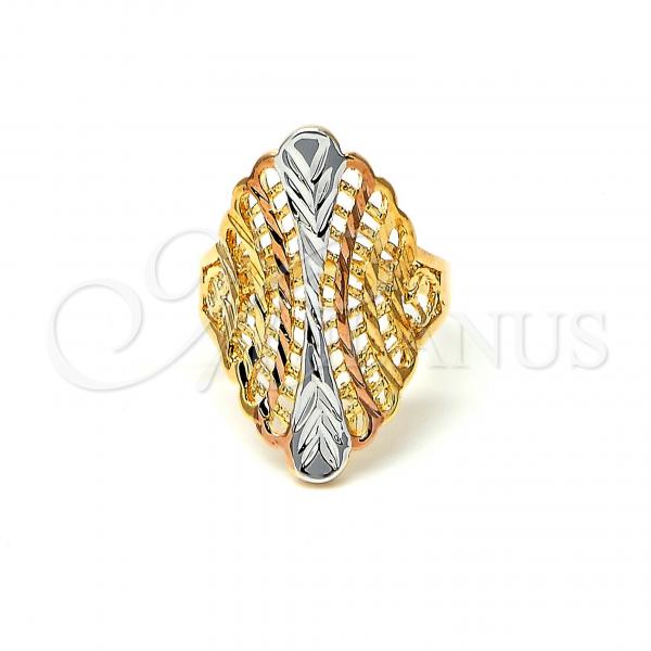 Oro Laminado Elegant Ring, Gold Filled Style Filigree Design, Diamond Cutting Finish, Tricolor, 5.174.005.06 (Size 6)