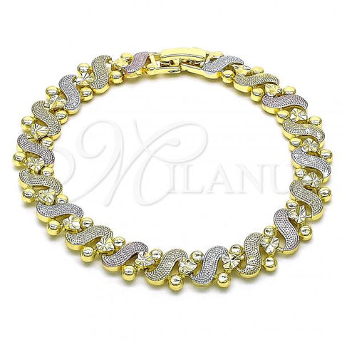 Oro Laminado Solid Bracelet, Gold Filled Style Heart Design, Polished, Tricolor, 03.102.0079.07
