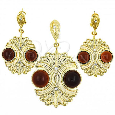 Oro Laminado Earring and Pendant Adult Set, Gold Filled Style with Brown Opal and White Crystal, Polished, Golden Finish, 10.91.0342.2