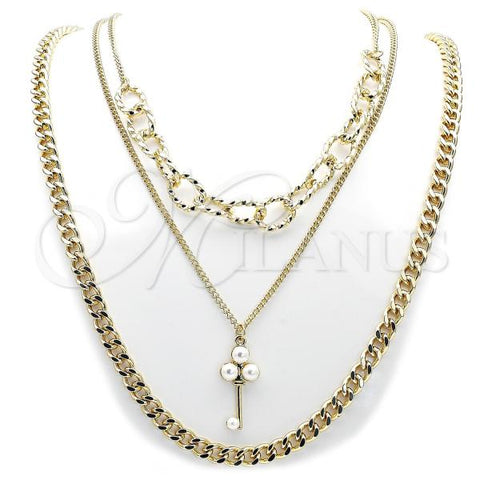 Stainless Steel Fancy Necklace, Miami Cuban and key Design, with Ivory Pearl, Polished, Steel Finish, 04.437.0002.16