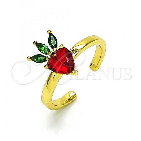 Oro Laminado Multi Stone Ring, Gold Filled Style Strawberry and Heart Design, with Garnet and Green Cubic Zirconia, Polished, Golden Finish, 01.341.0080
