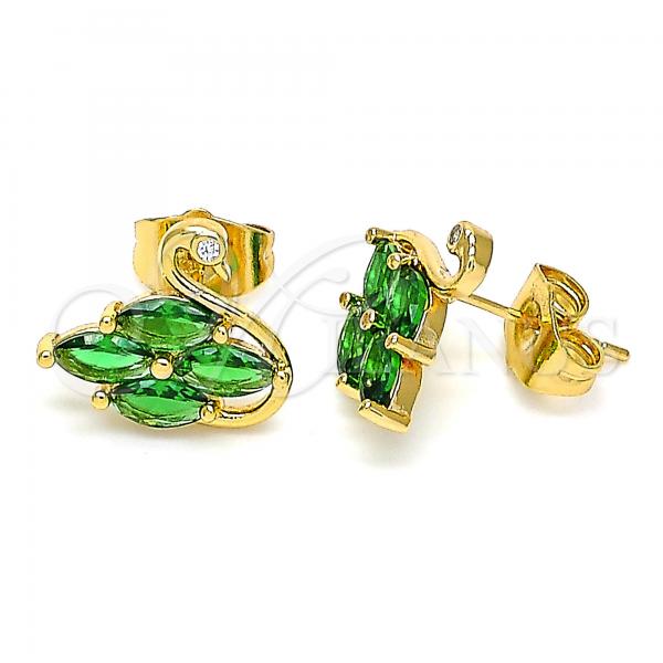 Oro Laminado Stud Earring, Gold Filled Style Swan Design, with Green and White Cubic Zirconia, Polished, Golden Finish, 02.310.0025