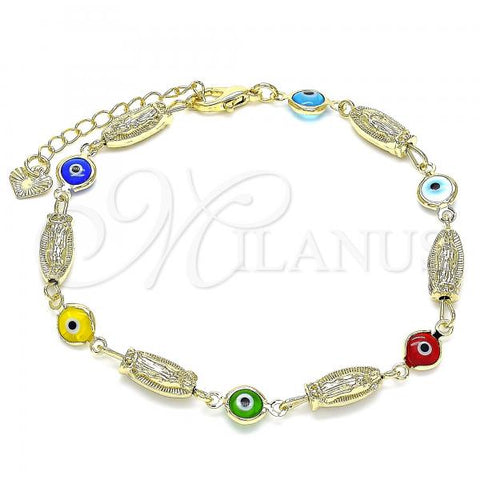 Oro Laminado Fancy Bracelet, Gold Filled Style Guadalupe and Evil Eye Design, Multicolor Resin Finish, Golden Finish, 03.351.0108.08
