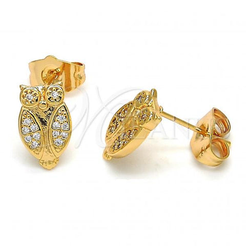 Oro Laminado Stud Earring, Gold Filled Style Owl Design, with White Micro Pave, Polished, Golden Finish, 02.310.0007