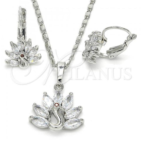 Rhodium Plated Earring and Pendant Adult Set, Peacock Design, with White and Garnet Cubic Zirconia, Polished, Rhodium Finish, 10.210.0108.4