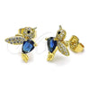 Oro Laminado Stud Earring, Gold Filled Style Bird Design, with Sapphire Blue Cubic Zirconia and White Micro Pave, Polished, Golden Finish, 02.210.0404.6
