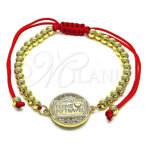 Oro Laminado Adjustable Bolo Bracelet, Gold Filled Style Love and Heart Design, with White Micro Pave, Polished, Golden Finish, 03.193.0010.11