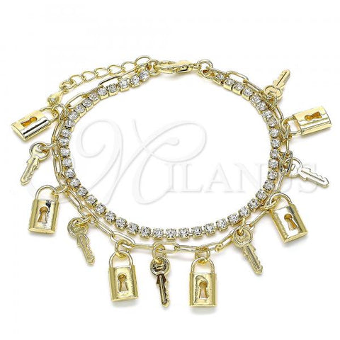 Oro Laminado Charm Bracelet, Gold Filled Style key and Lock Design, with White Crystal, Polished, Golden Finish, 03.372.0011.08