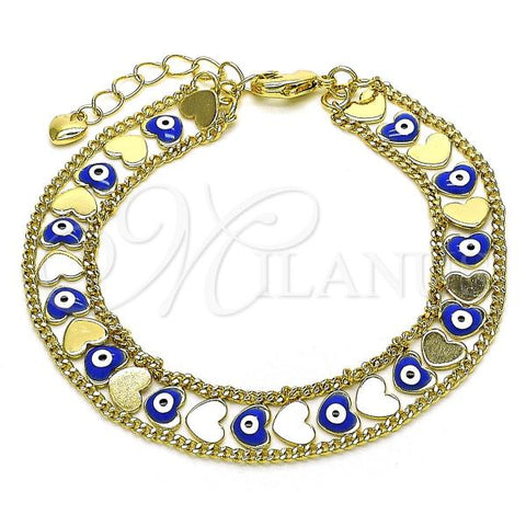 Oro Laminado Fancy Bracelet, Gold Filled Style Heart and Evil Eye Design, Blue Enamel Finish, Golden Finish, 03.213.0220.07