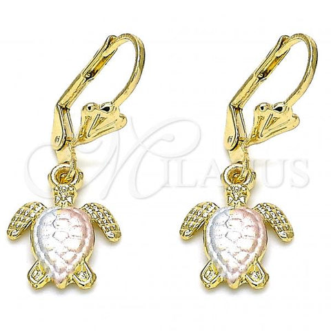 Oro Laminado Dangle Earring, Gold Filled Style Turtle Design, Polished, Tricolor, 02.351.0095
