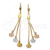 Oro Laminado Long Earring, Gold Filled Style Flower Design, Diamond Cutting Finish, Tricolor, 02.63.2109