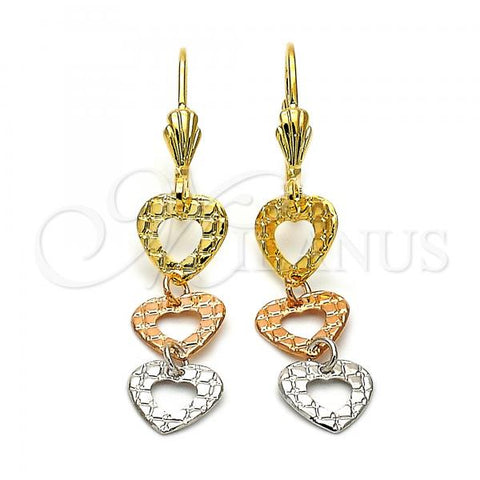 Oro Laminado Long Earring, Gold Filled Style Heart Design, Diamond Cutting Finish, Tricolor, 02.63.2155