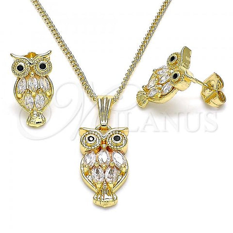 Oro Laminado Earring and Pendant Adult Set, Gold Filled Style Owl Design, with White and Black Cubic Zirconia, Polished, Golden Finish, 10.210.0130.1