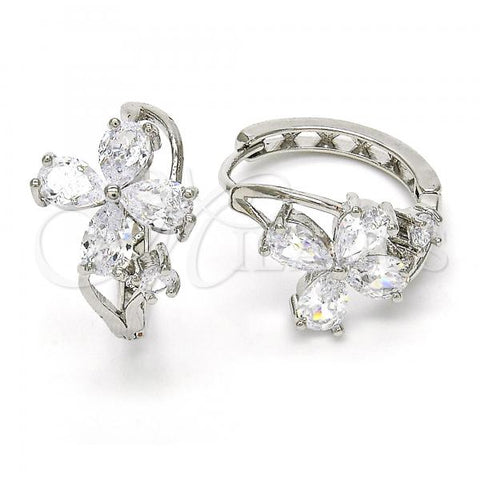 Oro Laminado Huggie Hoop, Gold Filled Style Flower Design, with White Cubic Zirconia, Polished, Rhodium Finish, 02.267.0052.20