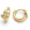 Oro Laminado Huggie Hoop, Gold Filled Style Leaf Design, with White Crystal, Polished, Golden Finish, 02.165.0117