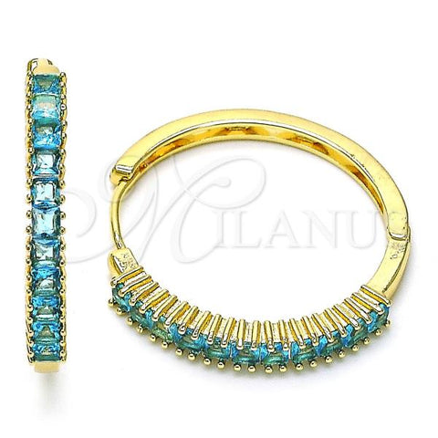 Oro Laminado Huggie Hoop, Gold Filled Style Baguette Design, with Blue Topaz Cubic Zirconia, Polished, Golden Finish, 02.210.0105.14.35