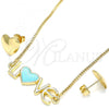 Oro Laminado Earring and Pendant Adult Set, Gold Filled Style Love and Heart Design, Turquoise Enamel Finish, Golden Finish, 06.63.0214